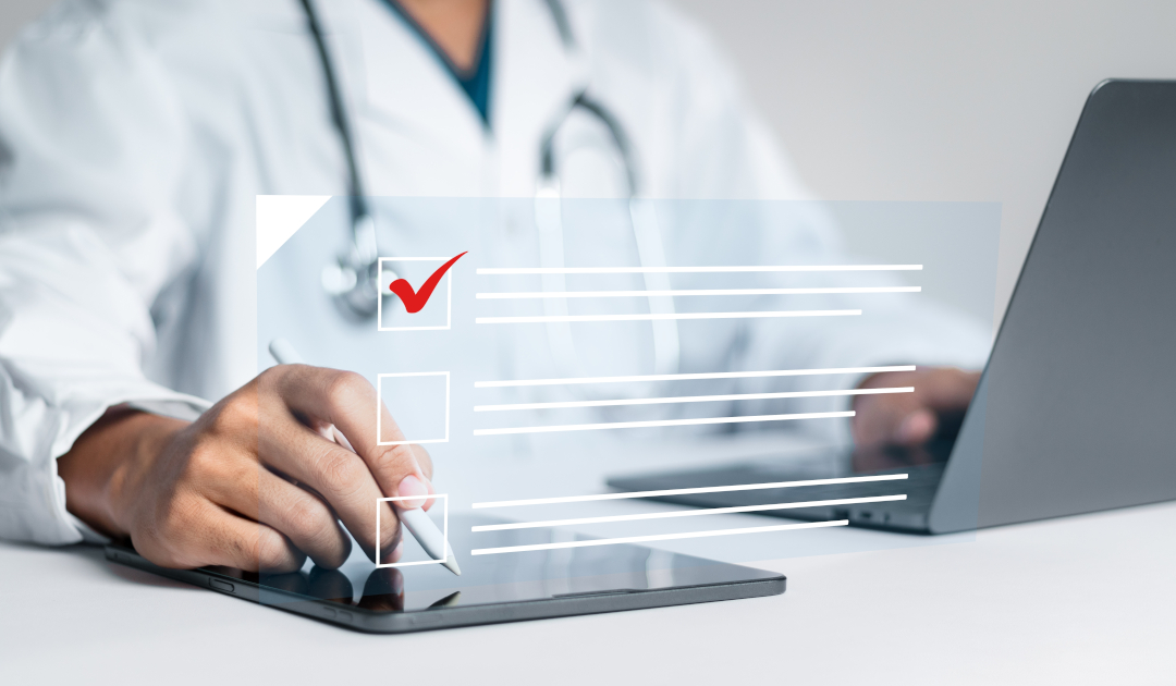 Doctor,Fills,Out,The,Medical,Survey,Paperwork,And,Checking,Mark