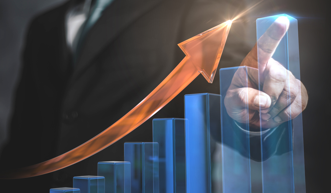 Businessman,Pointing,Arrow,Graph,And,Chart,,Corporate,Growth,Plan,Or